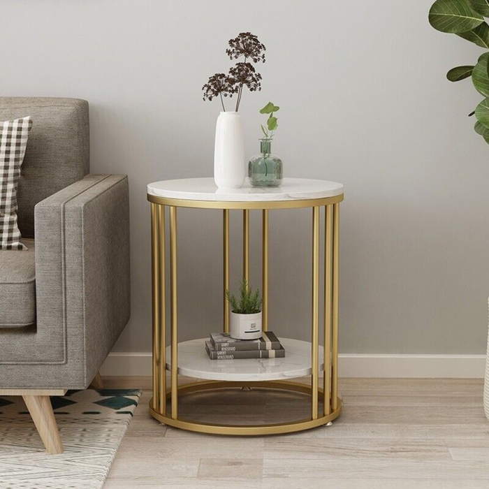 Round Marble Accent Table End 2 Tiers Storage Table - Gold
