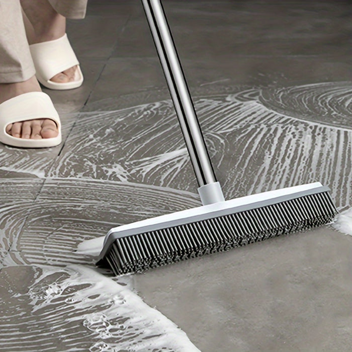 Rubber Broom Carpet Rake with Squeegee Long Handle for Pet Hair Fur Remover Broom