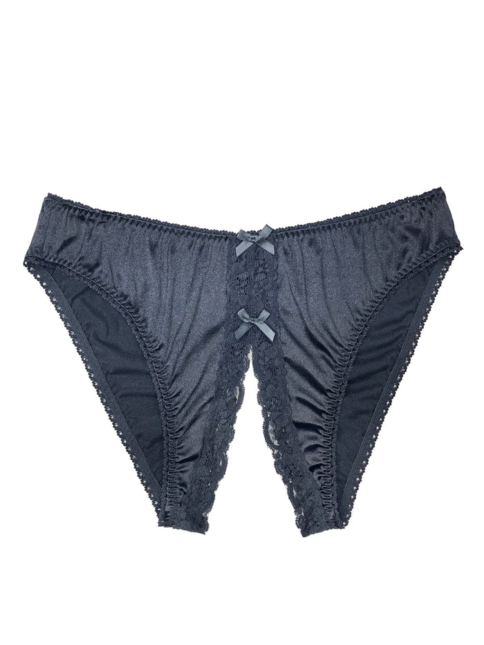 Men's black crotchless satin panties