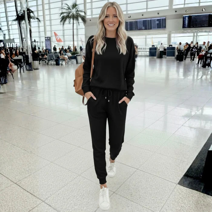 Solid Textured Top and Bottom Jogger Set - Black