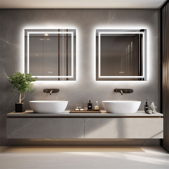 Square Illuminated Wall Bathroom Mirror with LED Lights
