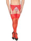 Front view of a male model wearing red lace stockings with a red XDress garter belt