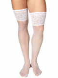 Front view of a male model wearing white lace stockings with black XDress panties