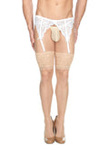 Front view of a male model wearing beige lace stockings with white XDress garter belt