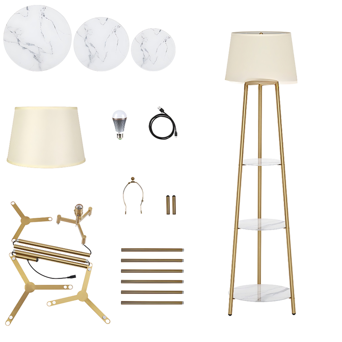 Tall Floor Lamp with 3-Tier Marble Shelves