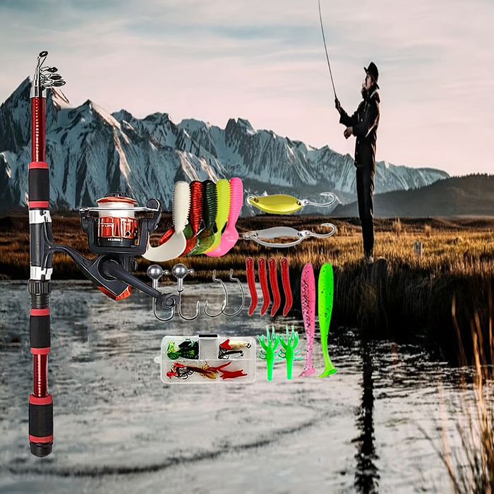 Telescopic Fishing Rod And Spinning Reel Baits Hooks Travel Pole Set