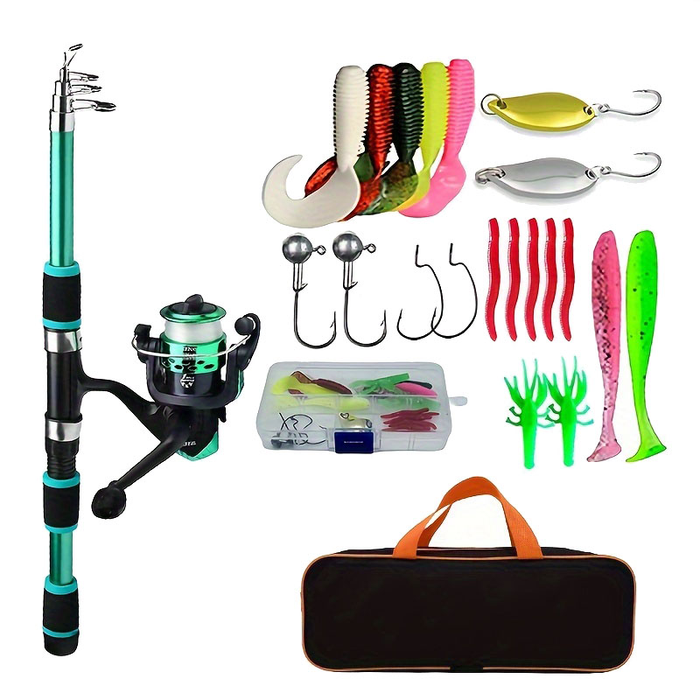 Telescopic Fishing Rod And Spinning Reel Baits Hooks Travel Pole Set