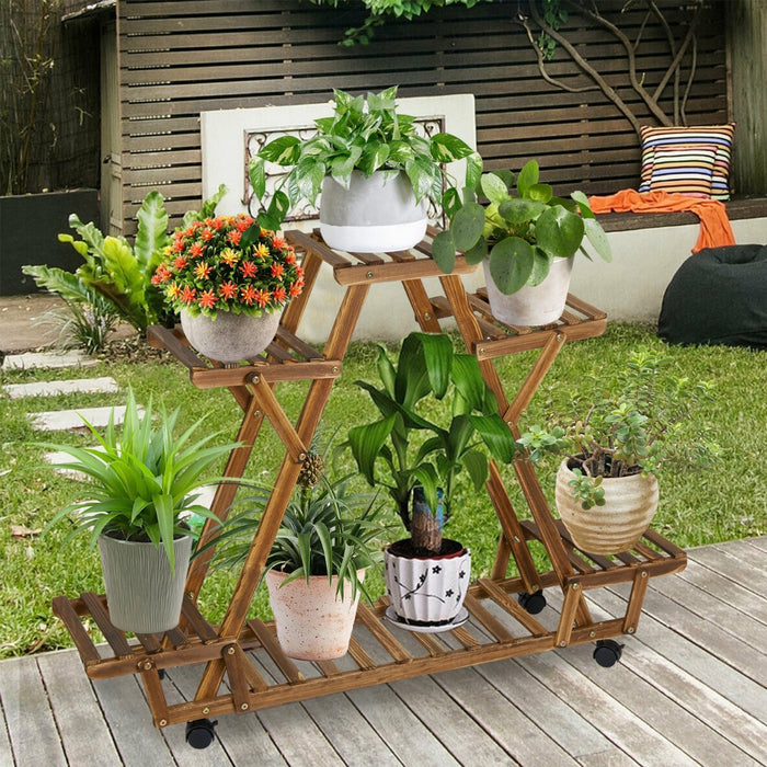 Triangular Plant Shelf 6 Potted Wood Plant Holder Stand Display Storage Rack with Wheels
