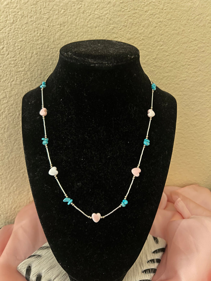 Turquoise & Pink Conch Heart Liquid Silver Necklace
