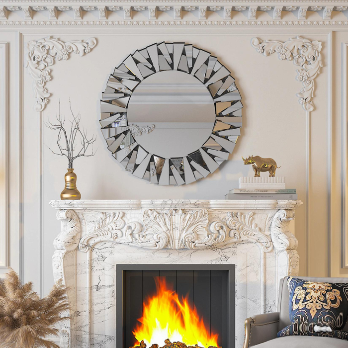 Unique Sunburst Decorative Wall Mounted Beveled Glass Accent Mirror - Round 80CM Silver