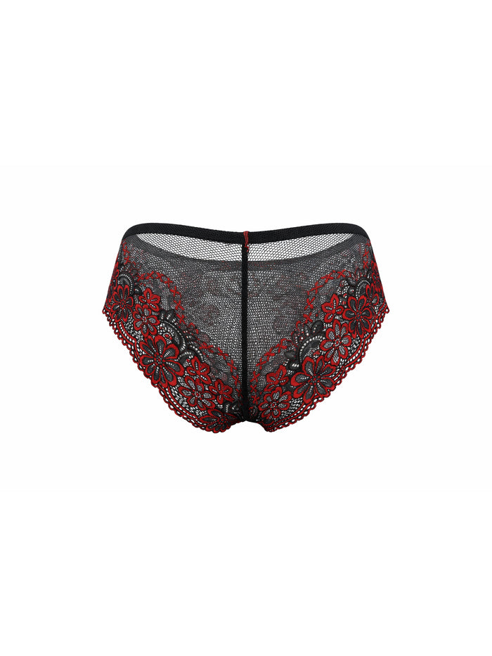 Black lace underwear with red floral patterns on a white background