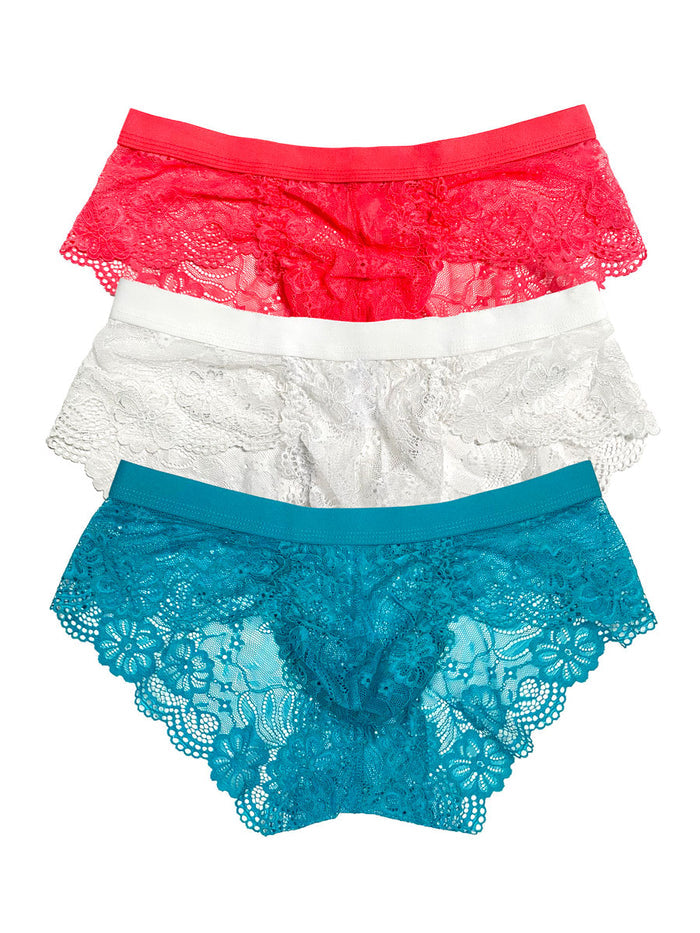 flat lay image of three XDress Valentina lace panties in red, white, and teal