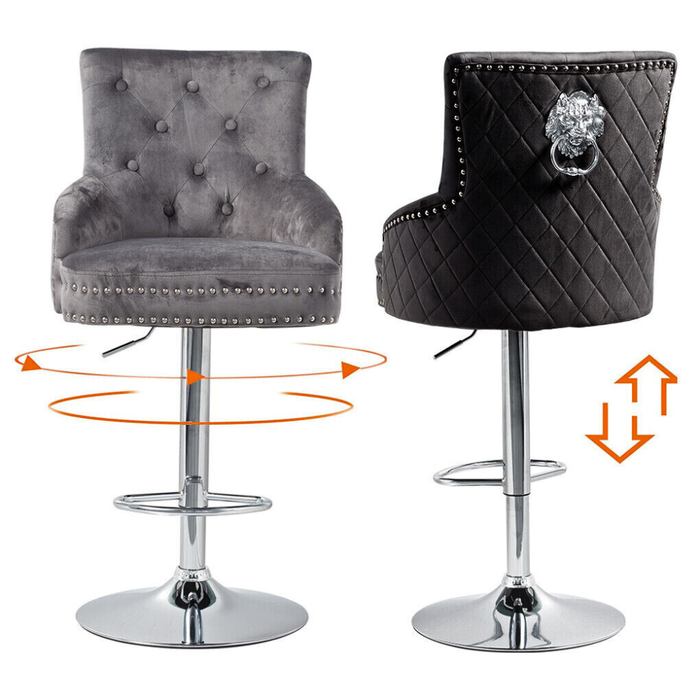 Velvet Swivel Bar Stools with Luxurious Upholstery and Lion Knocker Detail
