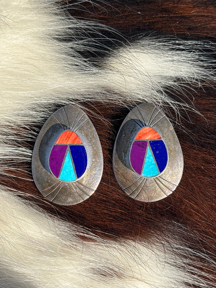 Vintage Native Made, Multi-stone & Sterling Silver Clip on Earrings