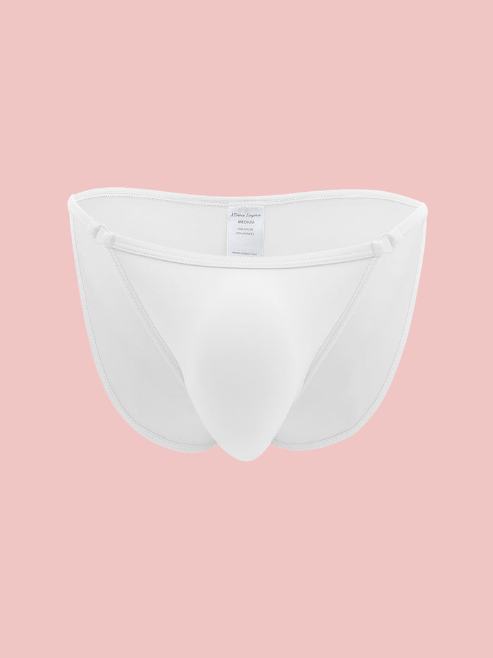 White XDress men's panties on a pink background.