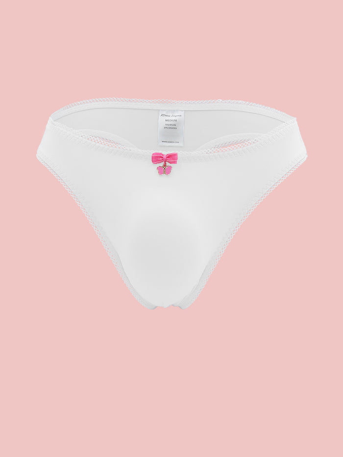 White thong panties for men with lace trim, on a pink background.