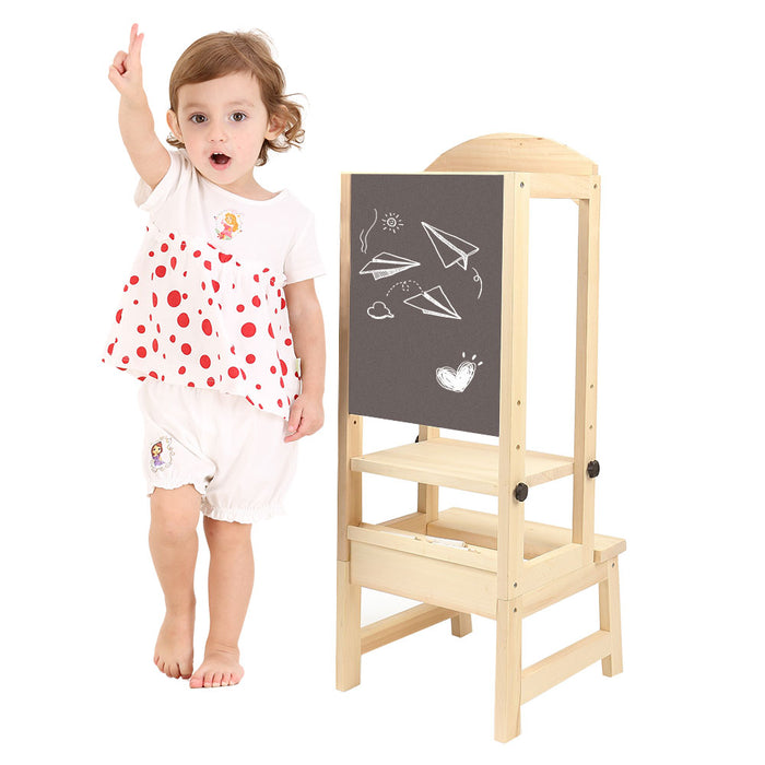 Wooden Kids Step Up Kitchen Helper with Black Drawing Board