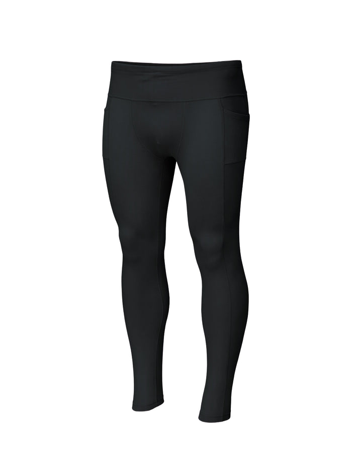 Black high-waisted athletic leggings with side pockets, shown on a plain white background.