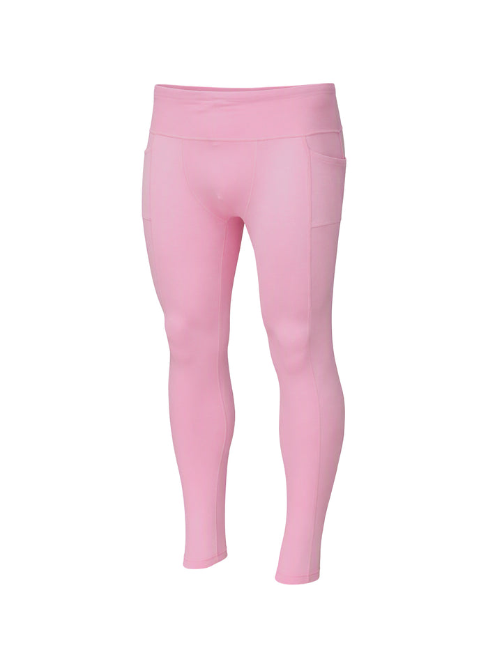 Pink high-waisted athletic leggings with side pockets, shown on a plain white background.