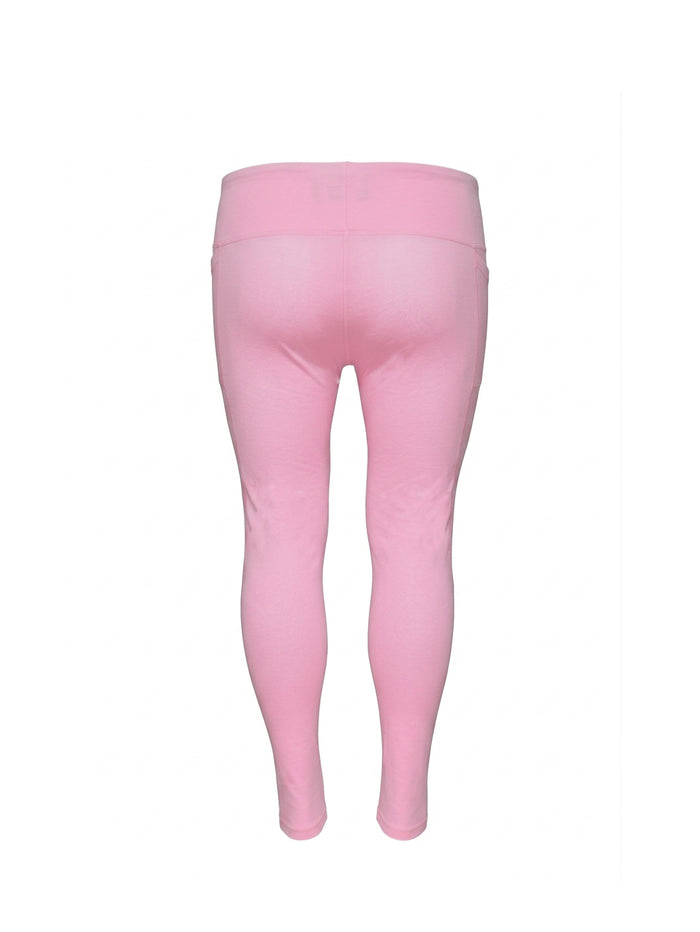 Pink full-length leggings shown from the back on a plain white background.