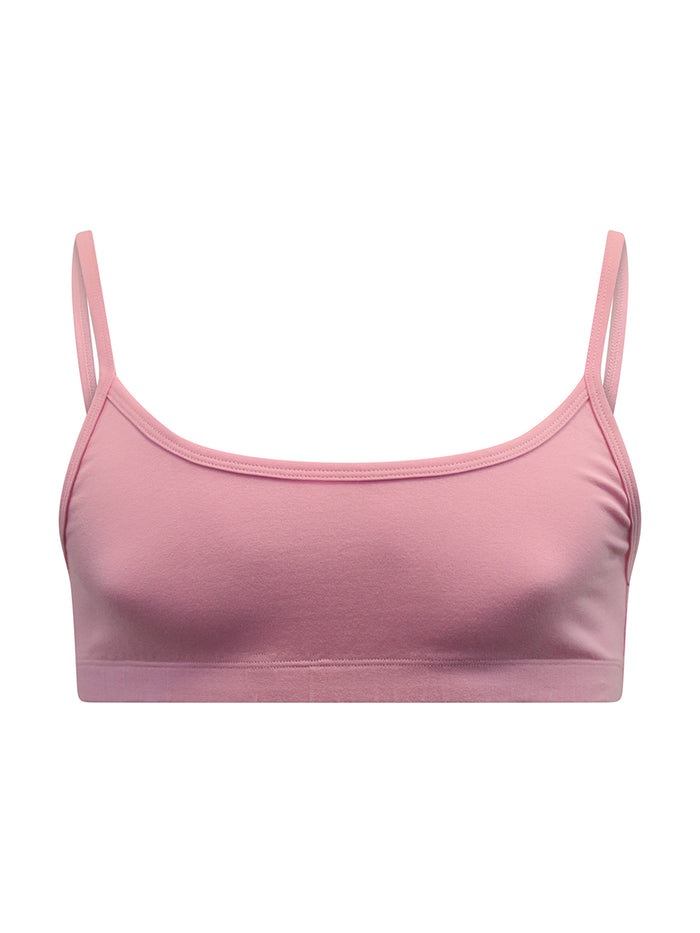 Front view of a pink sports bra, on a white background.