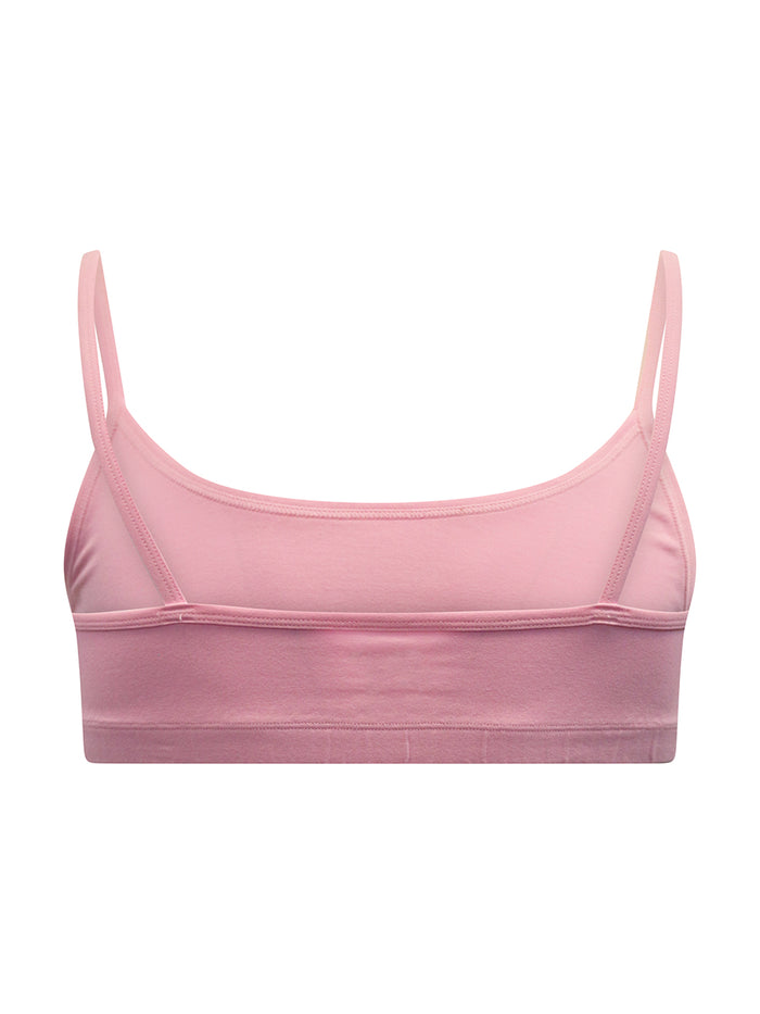 Rear view of a pink sports bra, on a white background.