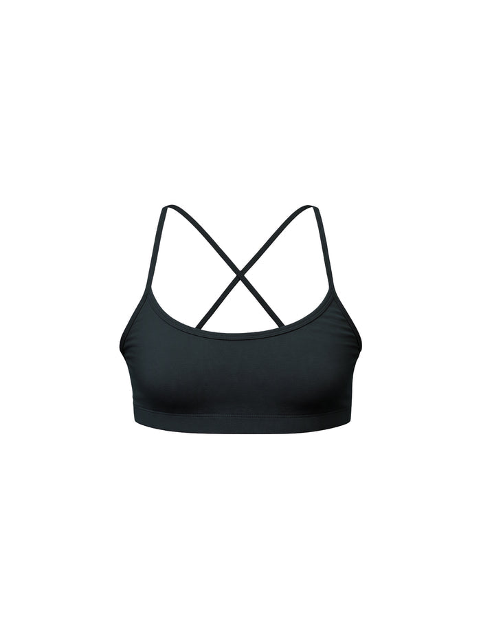 A black sports bra with thin crisscrossing straps at the back, shown against a plain white background.