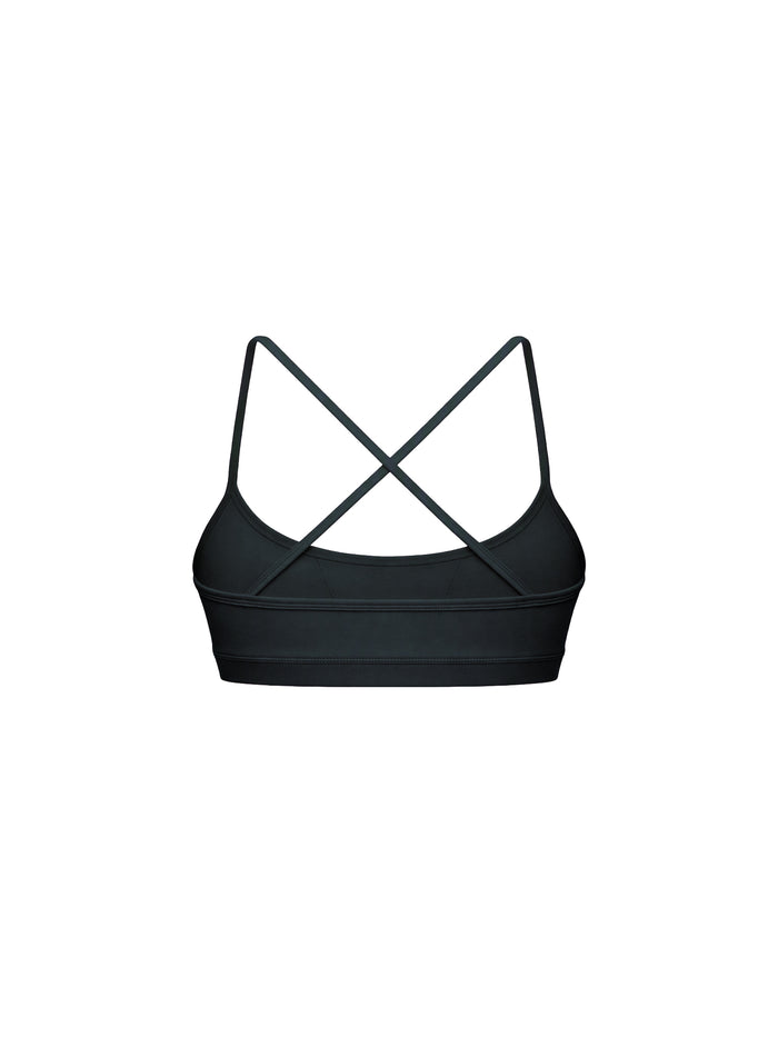 Black sports bra with thin crisscrossing back straps, shown from the back on a solid white background.