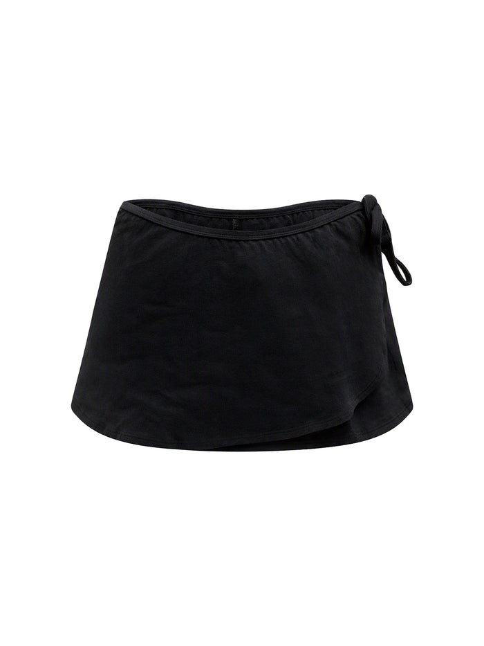 A black wrap-style mini skirt with a side tie detail, shown against a plain white background.