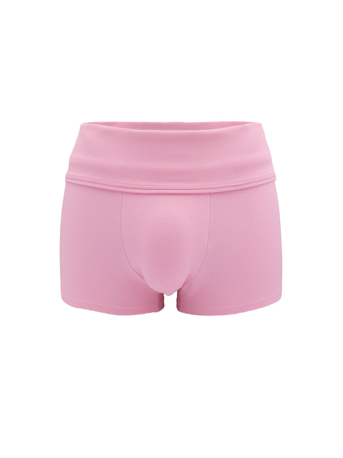 A pair of men's high-waisted athletic shorts in a solid light pink color, shown against a plain white background.