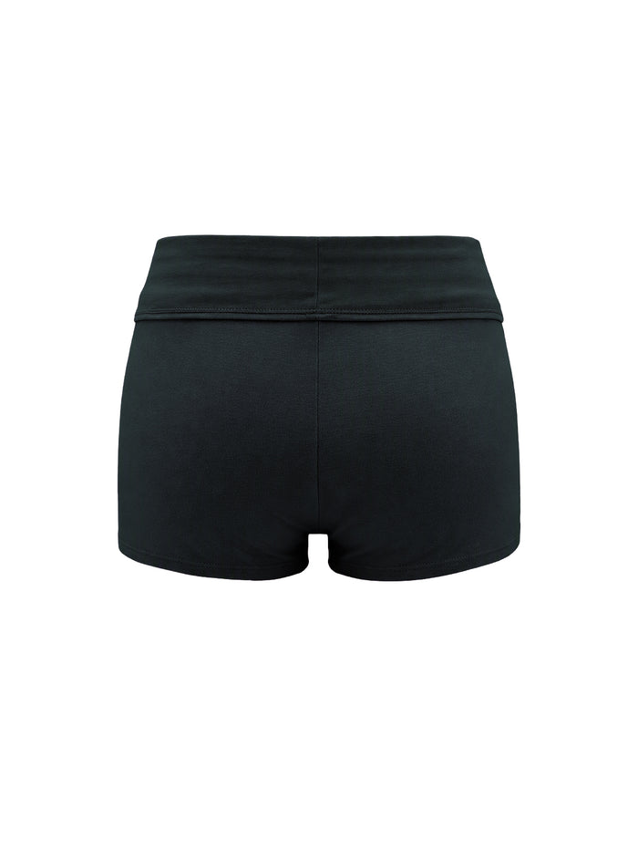 Black athletic shorts with a wide elastic waistband, shown from the back on a plain white background.